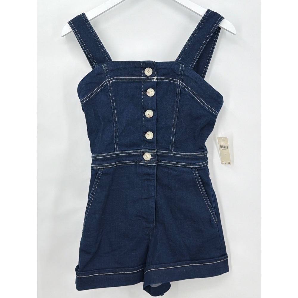 Maeve Anthropologie Denim Romper Dark Wash Button Front Blue Size 2 NEW